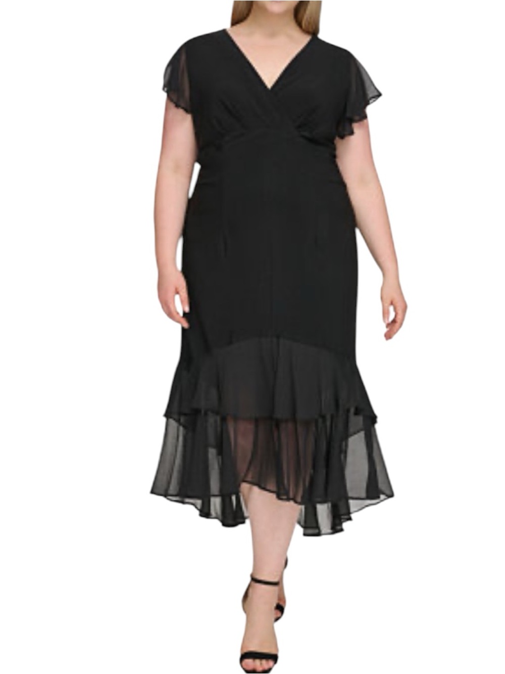 Black Ruffle Hem V-Neck Midi Dress - Plus Size